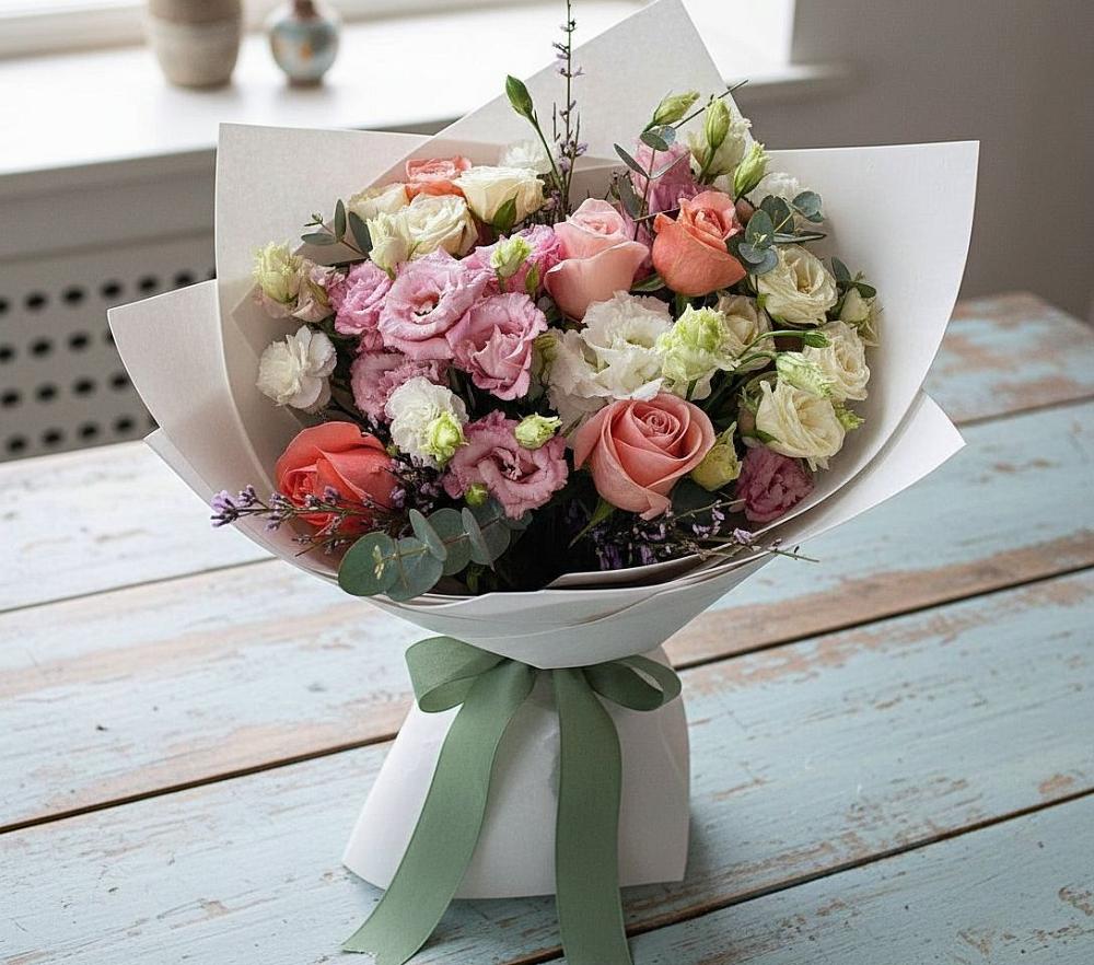 Букет цветов из: Розы, Лизиантусы и Гвоздики в Пролетарском Республики Адыгея