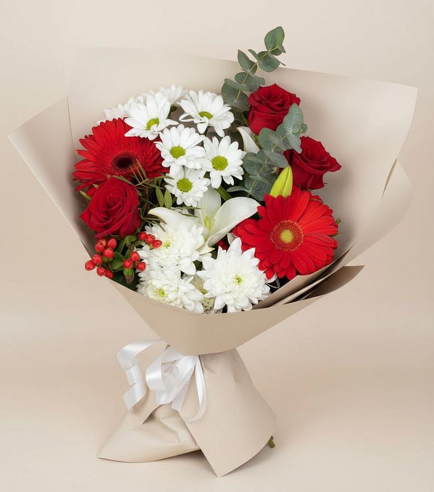 Букет цветов из: Розы, Хризантемы, Герберы и Лилии в Пролетарском Республики Адыгея